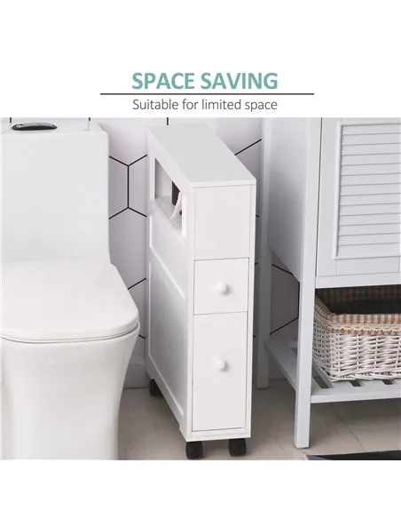 HOMCOM 72x16cm Narrow Bathroom Storage Unit w/ 2 Drawers Open Top 4 Wheels Slimline Modern Rolling Home Organisation