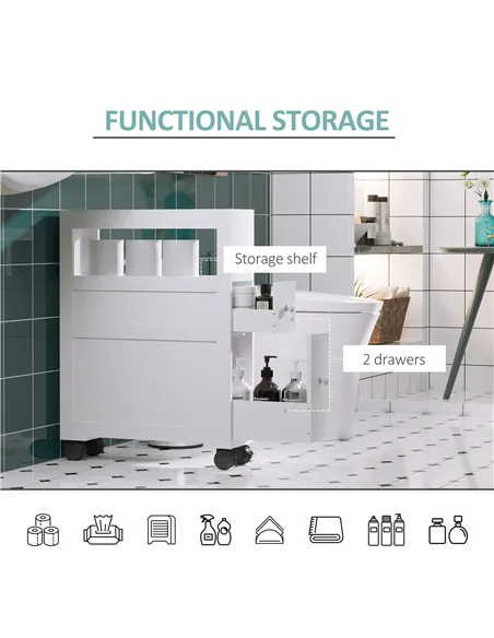 HOMCOM 72x16cm Narrow Bathroom Storage Unit w/ 2 Drawers Open Top 4 Wheels Slimline Modern Rolling Home Organisation