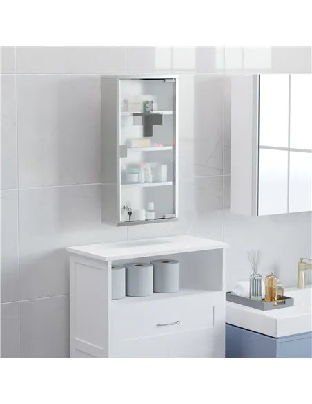 HOMCOM 4 Tier Stainless Steel Wall Mounted Medicine Cabinet Glass Lockable Door Storage Shelves Houseware Bathroom Furniture 60H