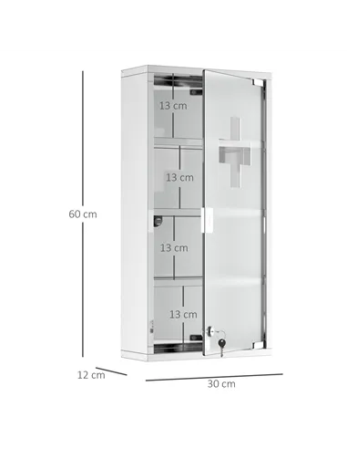 HOMCOM 4 Tier Stainless Steel Wall Mounted Medicine Cabinet Glass Lockable Door Storage Shelves Houseware Bathroom Furniture 60H