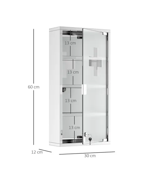 HOMCOM 4 Tier Stainless Steel Wall Mounted Medicine Cabinet Glass Lockable Door Storage Shelves Houseware Bathroom Furniture 60H