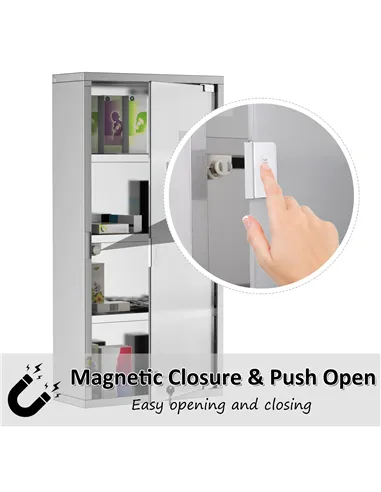 HOMCOM 4 Tier Stainless Steel Wall Mounted Medicine Cabinet Glass Lockable Door Storage Shelves Houseware Bathroom Furniture 60H