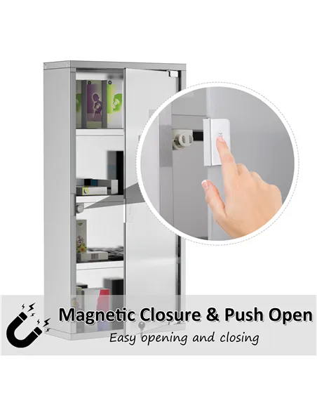 HOMCOM 4 Tier Stainless Steel Wall Mounted Medicine Cabinet Glass Lockable Door Storage Shelves Houseware Bathroom Furniture 60H
