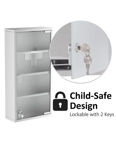 HOMCOM 4 Tier Stainless Steel Wall Mounted Medicine Cabinet Glass Lockable Door Storage Shelves Houseware Bathroom Furniture 60H