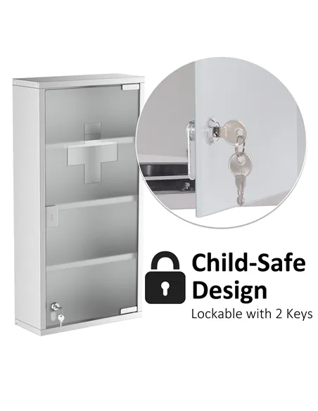 HOMCOM 4 Tier Stainless Steel Wall Mounted Medicine Cabinet Glass Lockable Door Storage Shelves Houseware Bathroom Furniture 60H