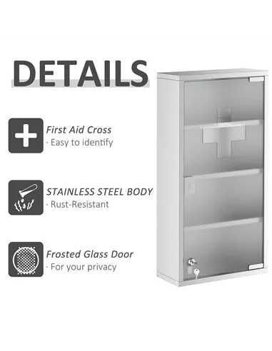 HOMCOM 4 Tier Stainless Steel Wall Mounted Medicine Cabinet Glass Lockable Door Storage Shelves Houseware Bathroom Furniture 60H
