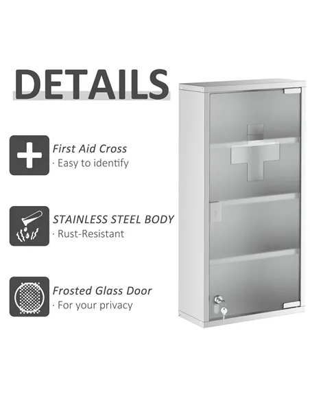 HOMCOM 4 Tier Stainless Steel Wall Mounted Medicine Cabinet Glass Lockable Door Storage Shelves Houseware Bathroom Furniture 60H