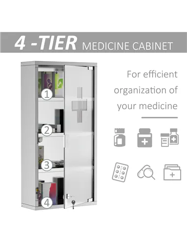 HOMCOM 4 Tier Stainless Steel Wall Mounted Medicine Cabinet Glass Lockable Door Storage Shelves Houseware Bathroom Furniture 60H