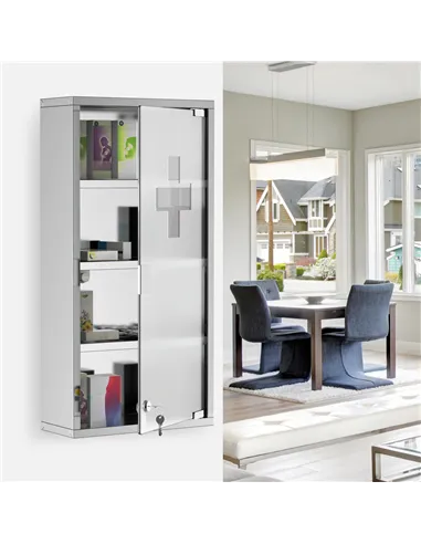 HOMCOM 4 Tier Stainless Steel Wall Mounted Medicine Cabinet Glass Lockable Door Storage Shelves Houseware Bathroom Furniture 60H