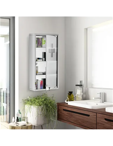 HOMCOM 4 Tier Stainless Steel Wall Mounted Medicine Cabinet Glass Lockable Door Storage Shelves Houseware Bathroom Furniture 60H