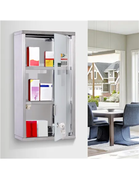 HOMCOM Stainless Steel wall mounted Medicine Cabinet with 2 Shelves + Security Glass Door Lockable 48 cm(H)