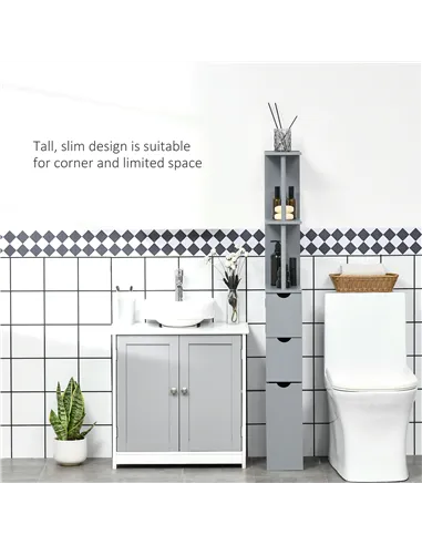 HOMCOM Tall Bathroom Cabinet, Freestanding Bathroom Storage Cabinet with 2-Tier Shelf and Drawers, Narrow Cupboard Storage Unit,