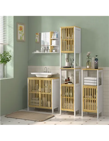 HOMCOM Bamboo-Blend Retro Cut-Out Bathroom Storage Unit, with Cupboard