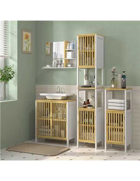 HOMCOM Bamboo-Blend Retro Cut-Out Bathroom Storage Unit, with Cupboard