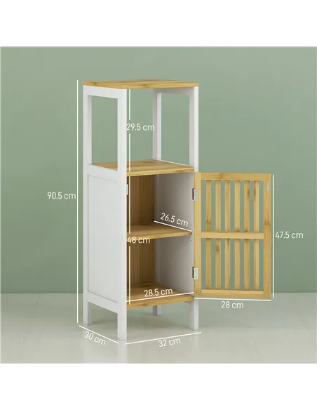 HOMCOM Bamboo-Blend Retro Cut-Out Bathroom Storage Unit, with Cupboard