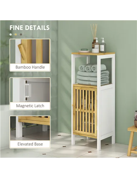 HOMCOM Bamboo-Blend Retro Cut-Out Bathroom Storage Unit, with Cupboard