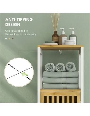 HOMCOM Bamboo-Blend Retro Cut-Out Bathroom Storage Unit, with Cupboard