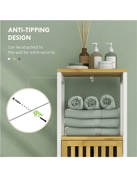 HOMCOM Bamboo-Blend Retro Cut-Out Bathroom Storage Unit, with Cupboard