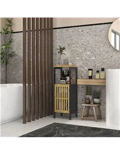 HOMCOM Bamboo-Blend Retro Cut-Out Bathroom Storage Unit, with Cupboard 2