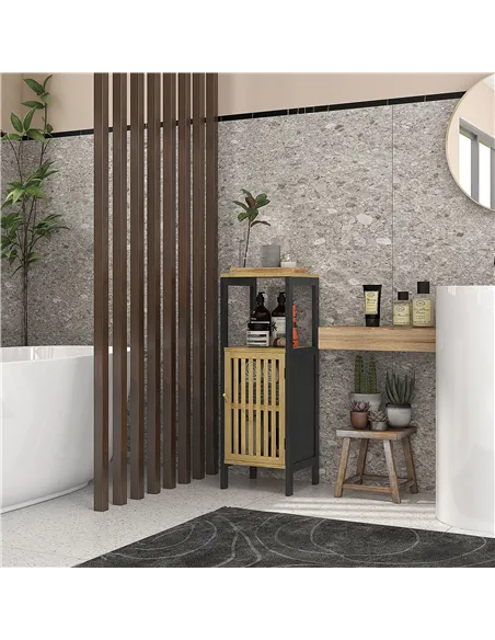 HOMCOM Bamboo-Blend Retro Cut-Out Bathroom Storage Unit, with Cupboard