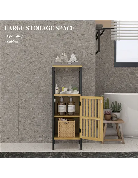 HOMCOM Bamboo-Blend Retro Cut-Out Bathroom Storage Unit, with Cupboard