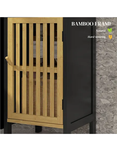 HOMCOM Bamboo-Blend Retro Cut-Out Bathroom Storage Unit, with Cupboard