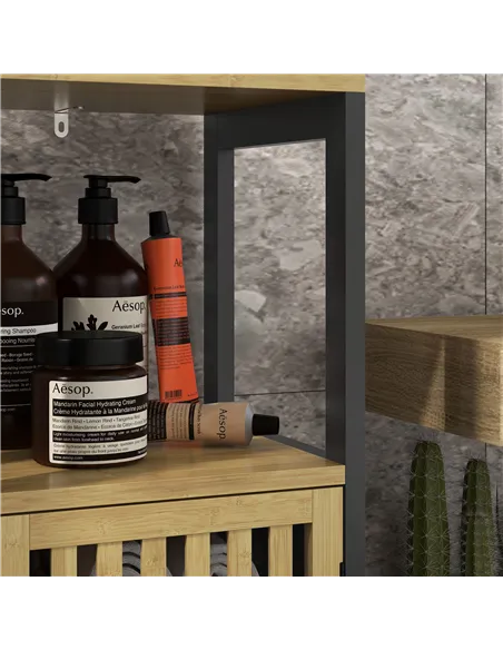 HOMCOM Bamboo-Blend Retro Cut-Out Bathroom Storage Unit, with Cupboard