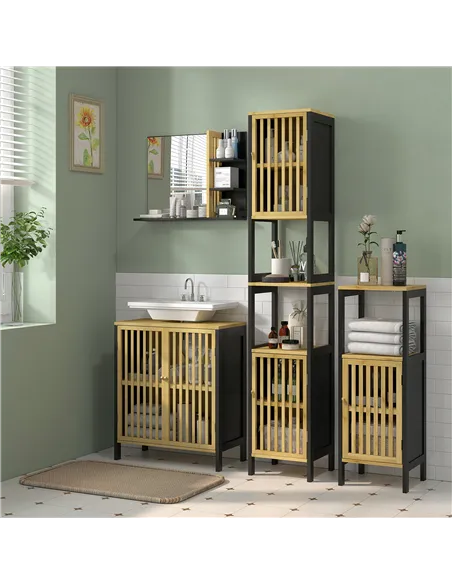 HOMCOM Bamboo-Blend Retro Cut-Out Tall Bathroom Storage Unit