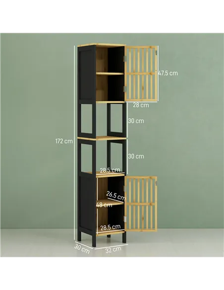 HOMCOM Bamboo-Blend Retro Cut-Out Tall Bathroom Storage Unit