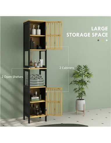 HOMCOM Bamboo-Blend Retro Cut-Out Tall Bathroom Storage Unit