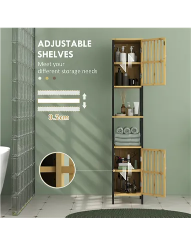 HOMCOM Bamboo-Blend Retro Cut-Out Tall Bathroom Storage Unit