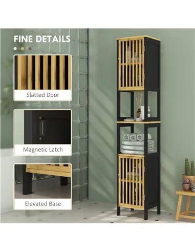 HOMCOM Bamboo-Blend Retro Cut-Out Tall Bathroom Storage Unit