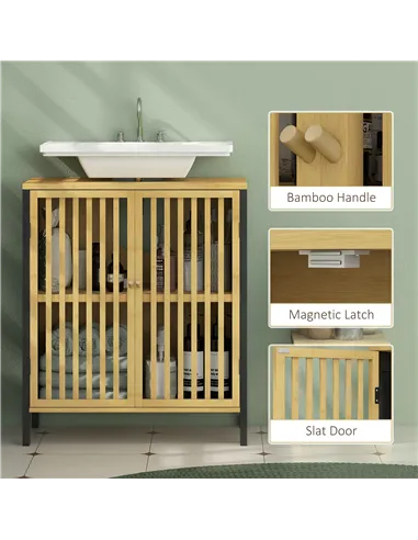 HOMCOM Bamboo-Blend Retro Cut-Out Under Sink Cabinet
