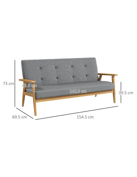 HOMCOM 3 Seater Sofa Modern Linen Fabric Upholstery Tufted Couch with Rubberwood Legs for Living Room and Kitchen, 155cm, Dark G