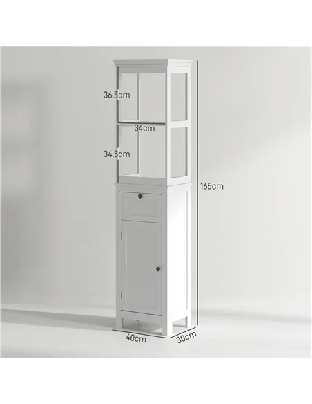 HOMCOM Tall Bathroom Cabinet, Slim Bathroom Storage Cabinet with 2 Open Shelves, Soft Close Door and Drawer, Adjustable Shelf, N
