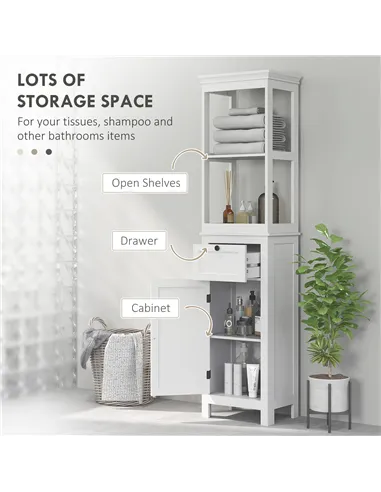HOMCOM Tall Bathroom Cabinet, Slim Bathroom Storage Cabinet with 2 Open Shelves, Soft Close Door and Drawer, Adjustable Shelf, N
