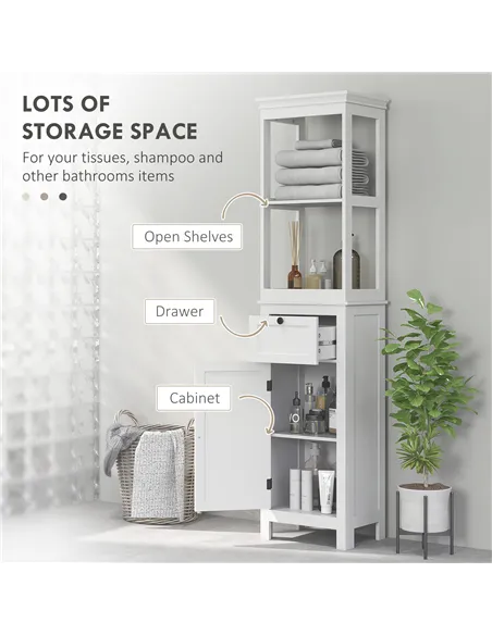 HOMCOM Tall Bathroom Cabinet, Slim Bathroom Storage Cabinet with 2 Open Shelves, Soft Close Door and Drawer, Adjustable Shelf, N