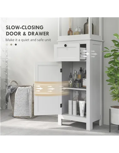 HOMCOM Tall Bathroom Cabinet, Slim Bathroom Storage Cabinet with 2 Open Shelves, Soft Close Door and Drawer, Adjustable Shelf, N