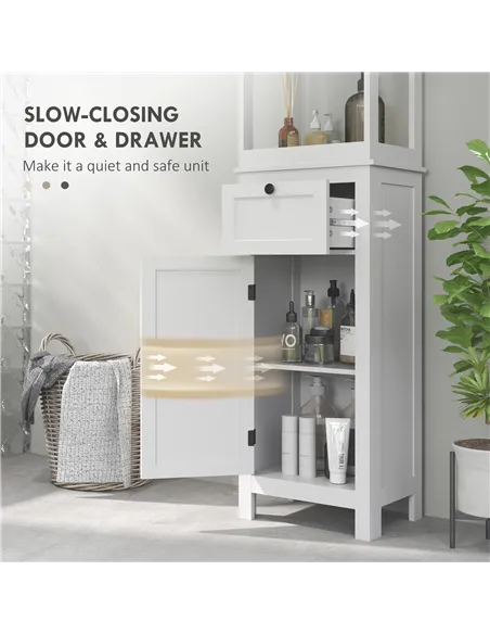 HOMCOM Tall Bathroom Cabinet, Slim Bathroom Storage Cabinet with 2 Open Shelves, Soft Close Door and Drawer, Adjustable Shelf, N