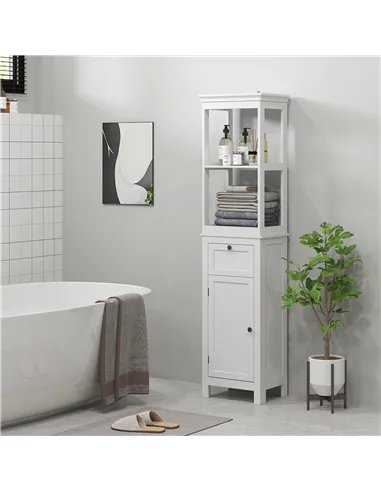 HOMCOM Tall Bathroom Cabinet, Slim Bathroom Storage Cabinet with 2 Open Shelves, Soft Close Door and Drawer, Adjustable Shelf, N