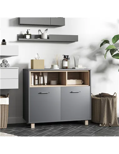 HOMCOM Freestanding Bathroom Cabinet, Bathroom Storage Unit, Bathroom Storage Cabinet with Open Compartments and Double Doors