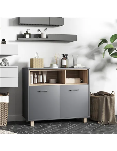 HOMCOM Freestanding Bathroom Cabinet, Bathroom Storage Unit, Bathroom Storage Cabinet with Open Compartments and Double Doors