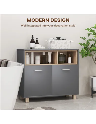 HOMCOM Freestanding Bathroom Cabinet, Bathroom Storage Unit, Bathroom Storage Cabinet with Open Compartments and Double Doors