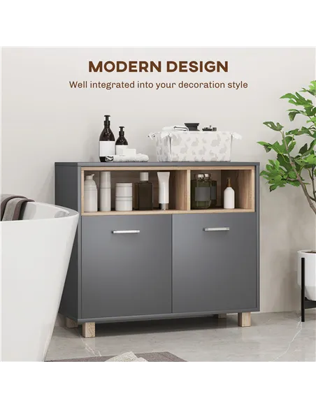 HOMCOM Freestanding Bathroom Cabinet, Bathroom Storage Unit, Bathroom Storage Cabinet with Open Compartments and Double Doors