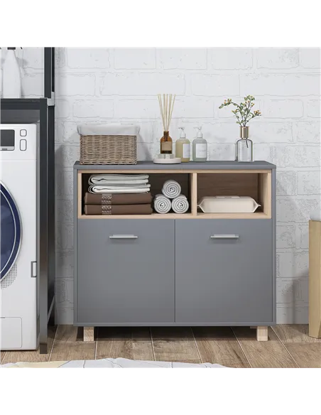 HOMCOM Freestanding Bathroom Cabinet, Bathroom Storage Unit, Bathroom Storage Cabinet with Open Compartments and Double Doors