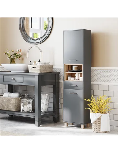 HOMCOM Tall Bathroom Storage Cabinet, Bathroom Storage Unit, Freestanding Bathroom Cabinet with Open Shelves and Drawer