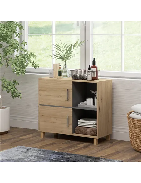 HOMCOM Bathroom Cabinet, Freestanding Bathroom Cabinet with Open Compartments and Double Doors