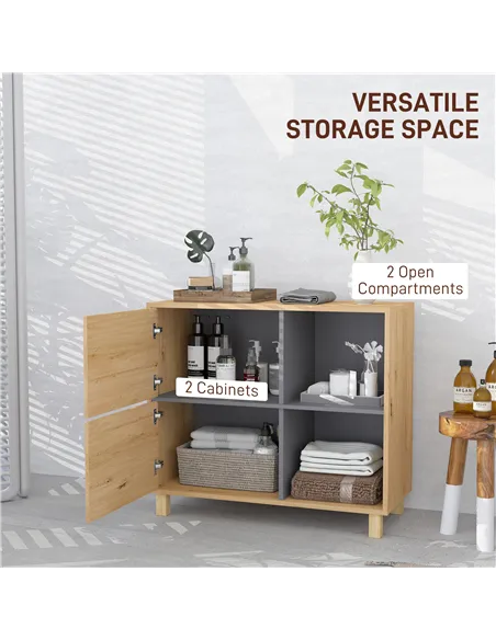 HOMCOM Bathroom Cabinet, Freestanding Bathroom Cabinet with Open Compartments and Double Doors