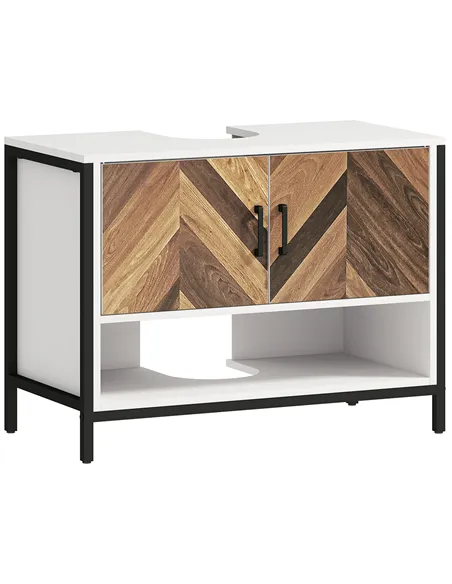 HOMCOM Under Sink Bathroom Cabinet, Rustic Under Sink Cabinet with Herringbone Doors and Open Compartment for Basin with or with