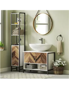 HOMCOM Under Sink Bathroom Cabinet, Rustic Under Sink Cabinet with Herringbone Doors and Open Compartment for Basin with or with 2